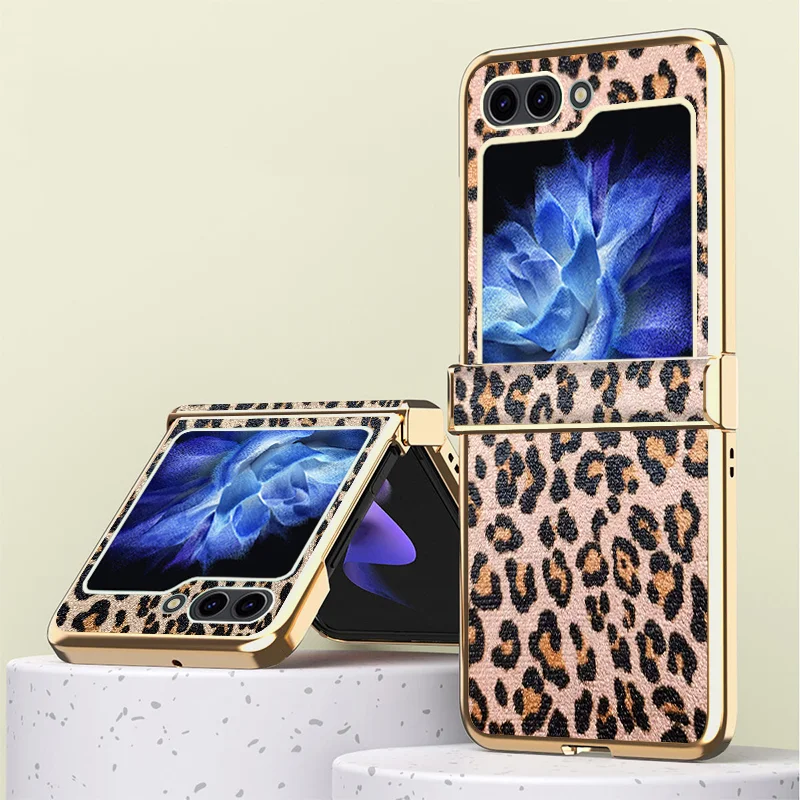 

Luxury Electroplate Frame PU Leather Leopard Hard PC Phone Cover for Samsung Galaxy Z Flip 5 Case with Hinge Protection