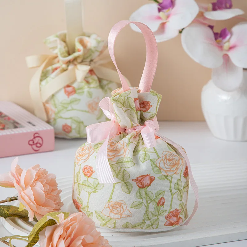 Wedding Candy Drawstring Bag Portable Party Gift Goodie Candy Packing Bag Floral Handheld Gift Storage Bag Children'S Gift