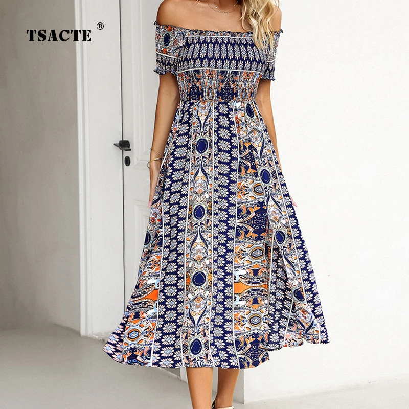 

Temperament Commuter Dress 2024 Spring New Product One Shoulder Bohemian Printed Split Hem Womens Dress Spliced Fashion Clothing