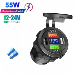 Dual Type - C & USB Fast Charging Car Charger Socket with Voltmeter - Waterproof, 4 - Port System (3 Ports 55W)