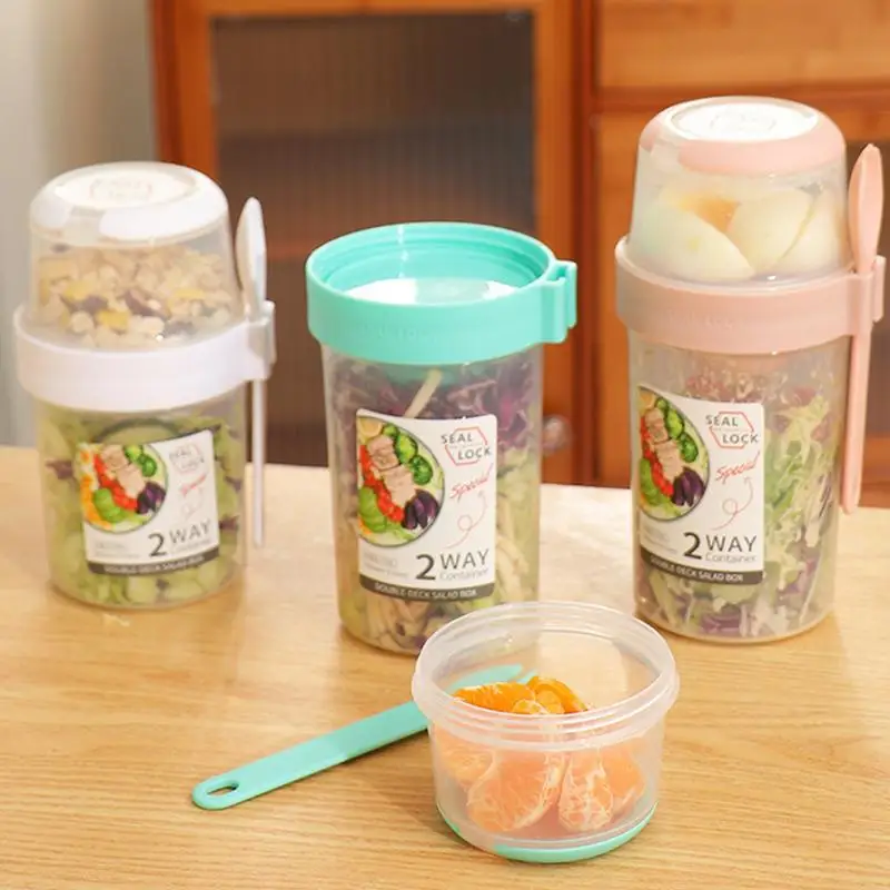 

Cereal To Go Cup Food Storage Sealed Box Multifunctional Double Layer Breakfast Salad Cup With spoonFor Outdoor Kitchen Supplies