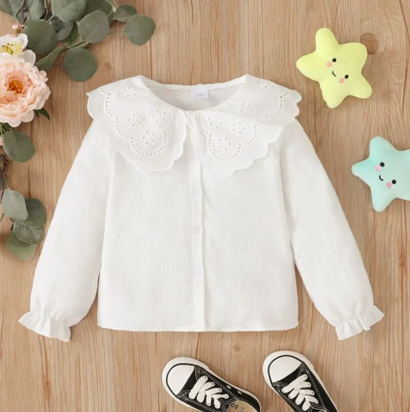 Kids Girl 1-6Y Button T Shirt Hollow Lace Collar Long Sleeved Korean Version Top Autumn Toddler Girl Clothes