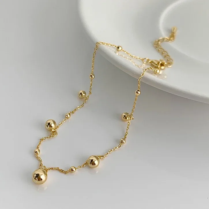 Anklet Real 925 Sterling Silver 18K Gold Ball Bead Charm for Women Minimalist Geometric Fine Jewelry Vintage Accessories
