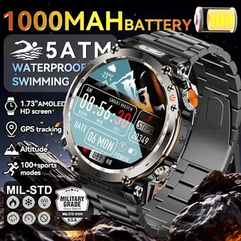 Smartwatch GPS di Grado Militare per Uomo, Schermo AMOLED HD, Batteria 1000mAh, Impermeabile 5ATM, 170+ Modalità Sportive, Frequenza Cardiaca, Chiamate BT