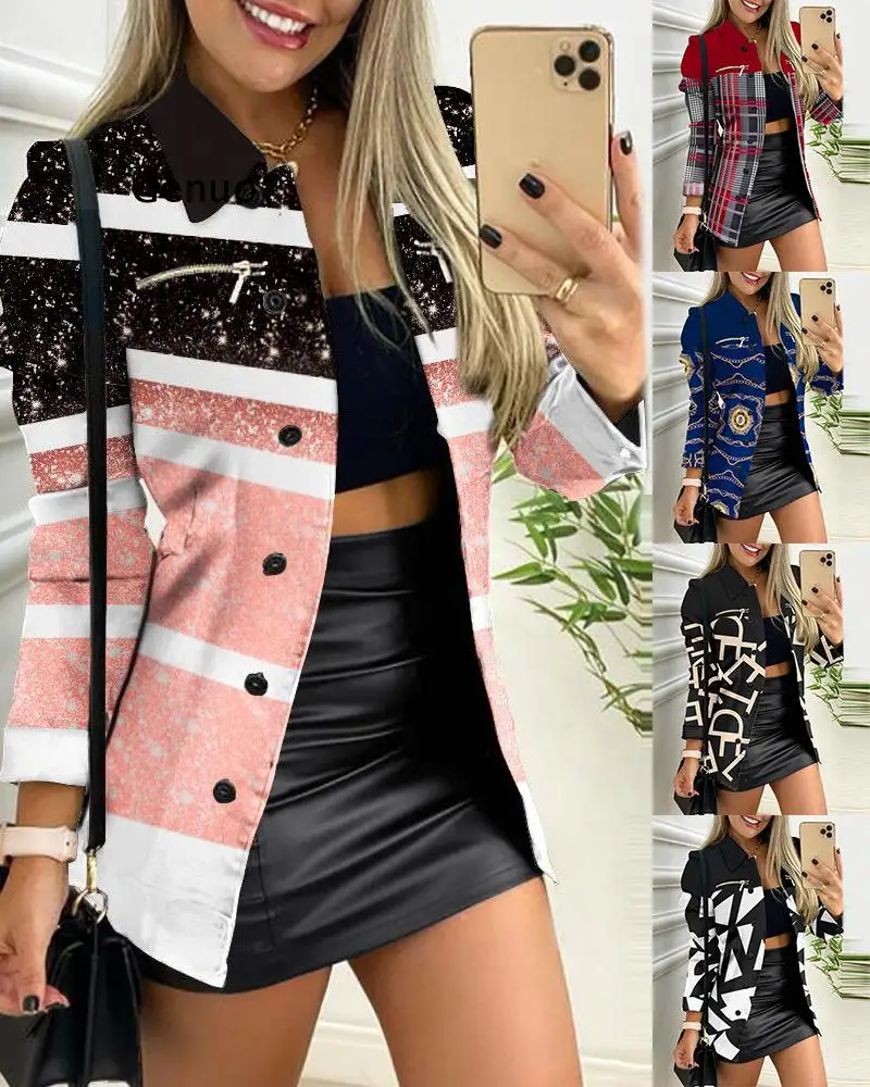 

2022 Europe and America Autumn and Winter New Zipper Long Sleeve Printed Jacket Short Coat