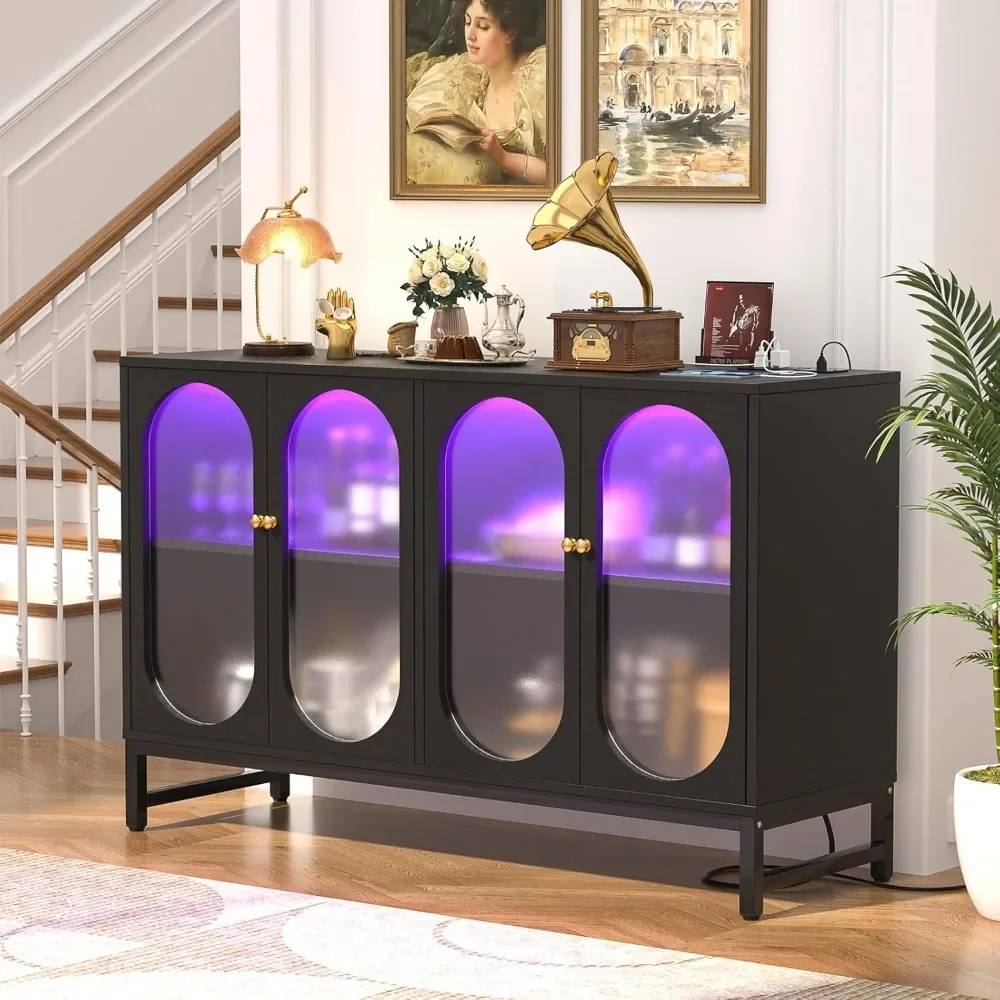 Sideboard Buffet Cabinet with Power Outlet, Accent Cabinet with LED Light, Sideboard Storage Coffee Bar Table