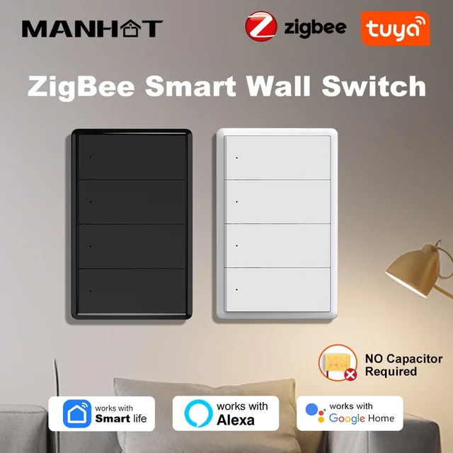 สวิตช์ไฟอัจฉริยะ Tuya Zigbee ไม่ต้องใช้คาปาซิเตอร์ สวิตช์ติดผนังแบบกดปุ่ม 1/2/3/4 ช่อง ใช้งานร่วมกับ Alexa และ Google Home รองรับไฟ 110-240V 1