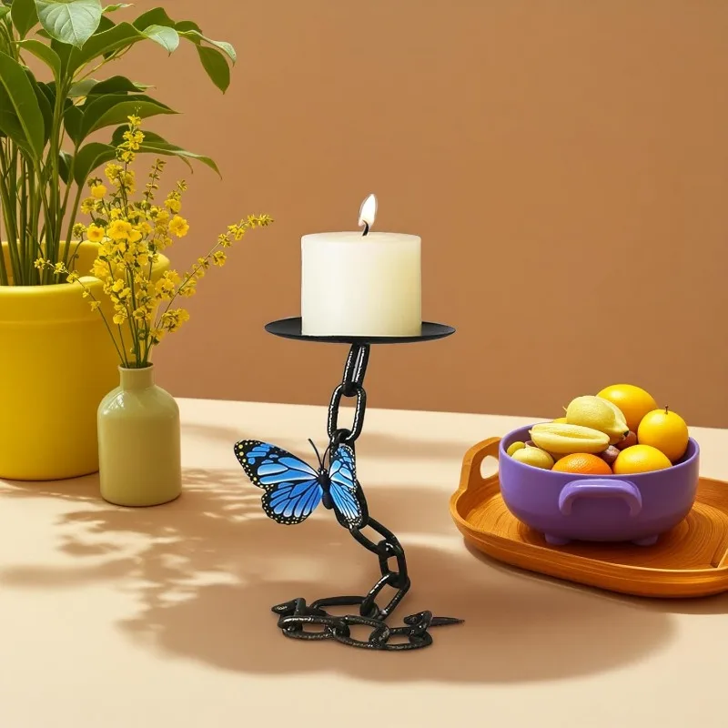 Matte Black Iron Pillar Candle Holder with Magnetic Butterfly Retro Decoration for Living Room, Creative and Interesting