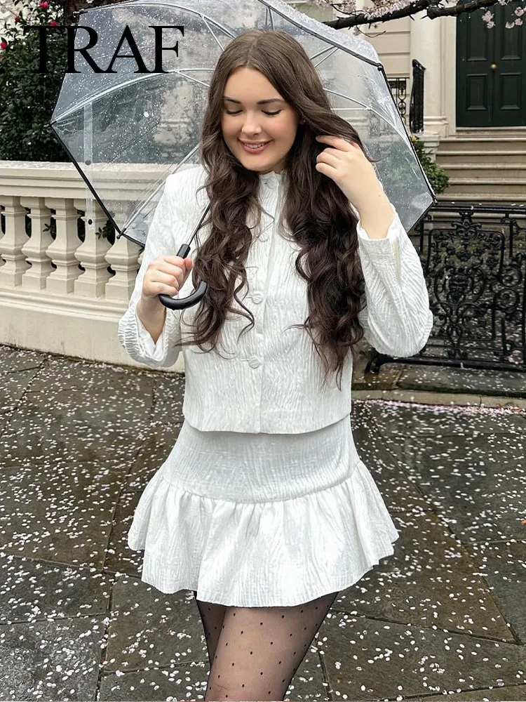 

TRAF 2024 Spring Female Fashion Skirt Set White Solid Long Sleeve Single Breasted Blazer+ Elegant High Waist Zipper Mini Skirts