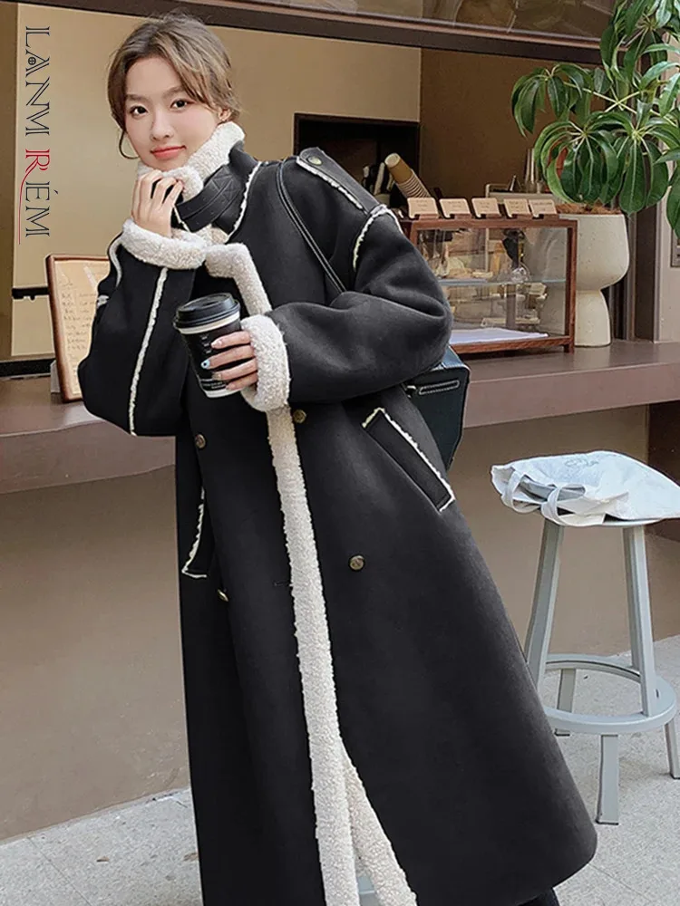 

LANMREM Contrast Color Lamb Fur Long Coat Women Notched Collar Double Breasted Keep Warm Clothing 2023 Winter New 2AA3735