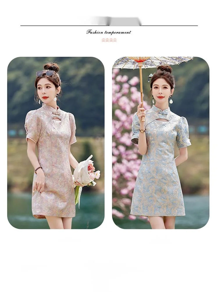 New Chinese improved cheongsam women in summer 2024, new short sleeved dress with a small buckle style for daily wear_voghion.com