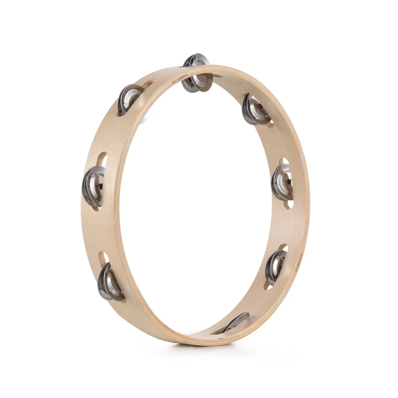 6 Inch Tambourine for Adults Pleasant Jingle Sound Hand Cranked Bell Rings Wooden Natural Color