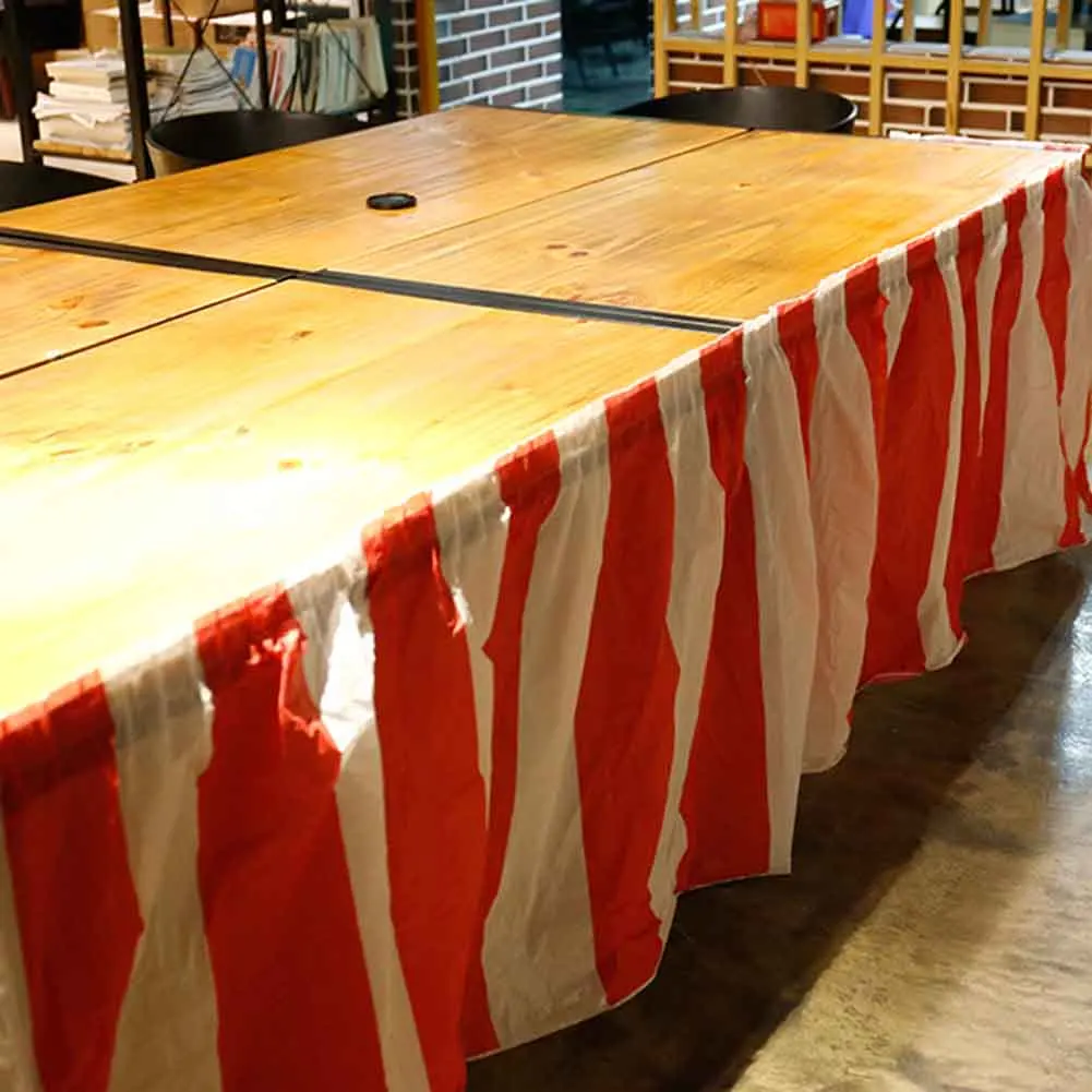 Description Picture 2 of itemRed White Striped Table Skirt Disposable Circus Table Skirts Happy Birthday Wedding Festival Plastic
