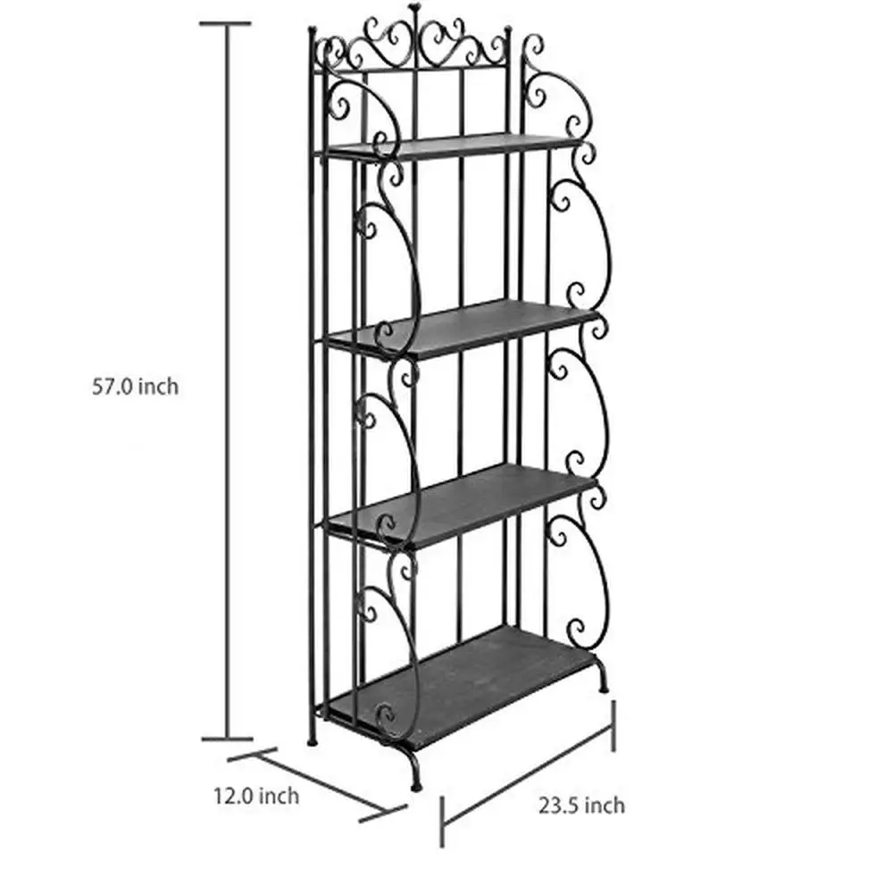 Black Metal Decorative Bakers Rack with 4 Tiered Shelves and Scrollwork Frame Indoor Plant Stand and Bookshelf Organizer 5