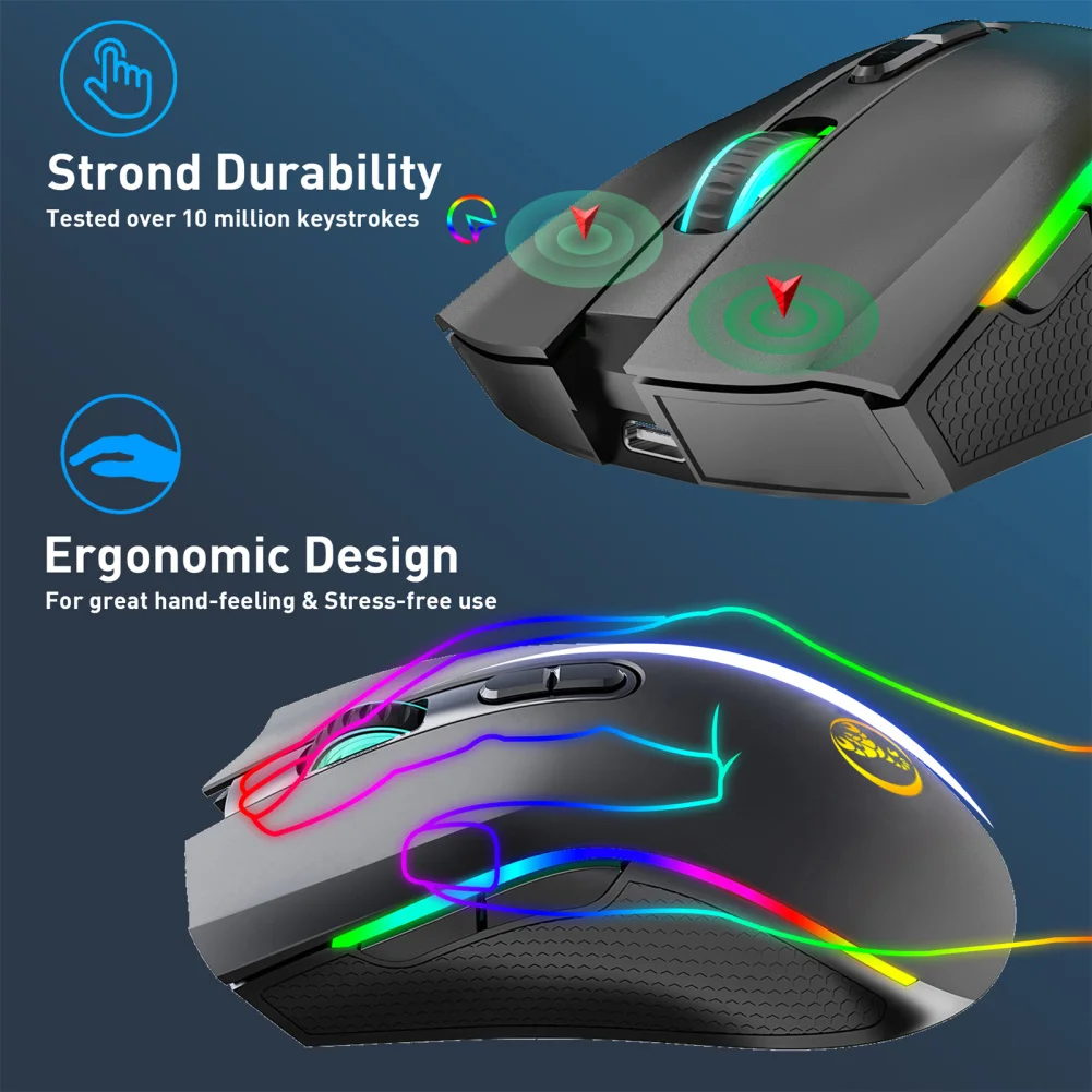 T69 인체 공학적 RGB 발광 무선 무음 마우스, 2.4GHz USB 무선 마우스, 조절식 DPI 충전식 무선 마우스