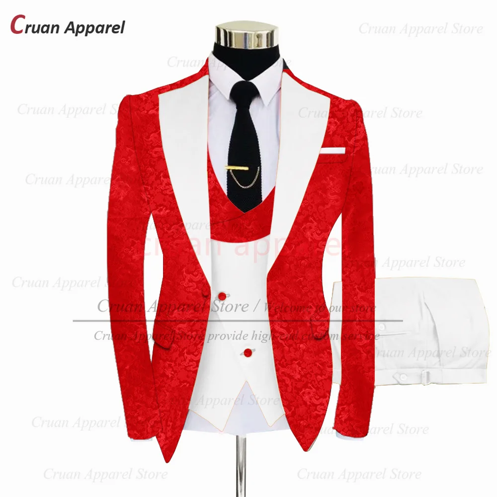 Mode Rood Pak Set Voor Heren Bruiloftsfeest Groomsman Luxe Outfits Op Maat Gemaakte Klassieke Één Knopen Blazer Vest Broek 3 Stuks