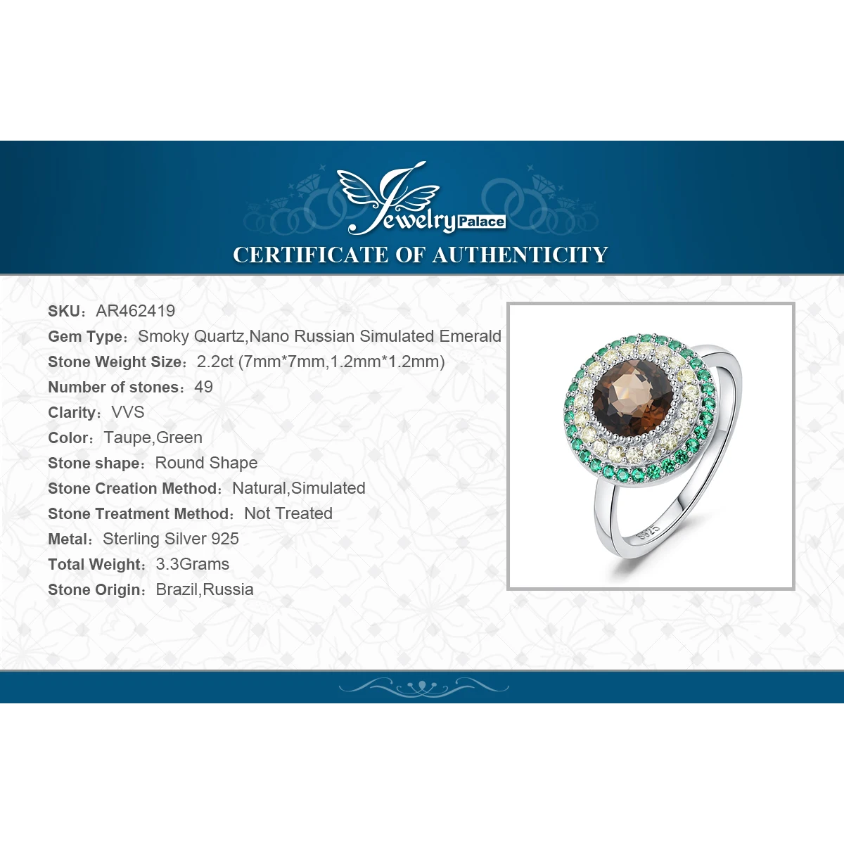 JewelryPalace 여성용 아보카도, 내추럴 스모키 쿼츠, , 칵테일 링, 여성 패션, 고급 선물, 2.2ct, 신상