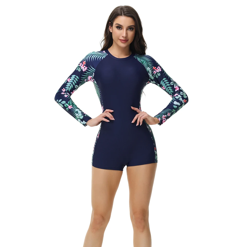 Print Flower Long Sleeve One Piece Swimsuit Summer Beach Bathing Suits Women Swimwear with Zipper Female Monokini Bikini XL