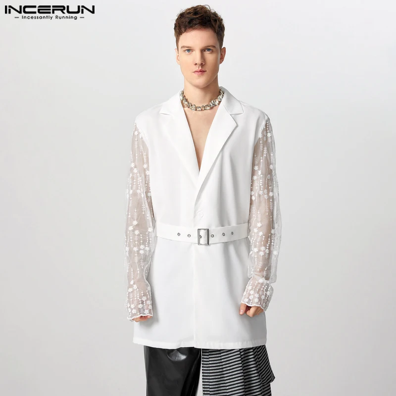 INCERUN New Men Clubwear Tops Fashion Patchwork Lace Printed Suit Coat Sexy Male Hot Selling All-match Long Sleeved Blazer S-5XL