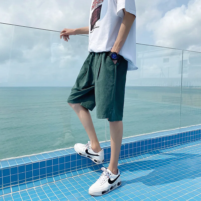 Casual Cropped Shorts Summer Solid Loose Beachwear Men's Fashion Trendy Lace Up Closure Shorts