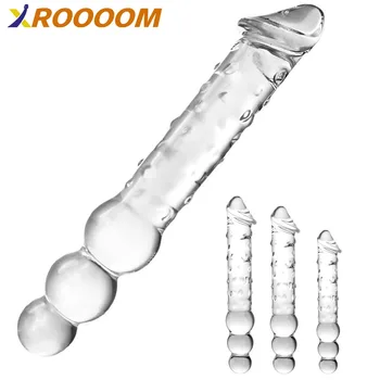 Large Transparent Crystal Immitate Glass Penis Dilddo with 3 Big Beads, Female Masturbation G-spot Anal Plug Sex Adult Toys 1