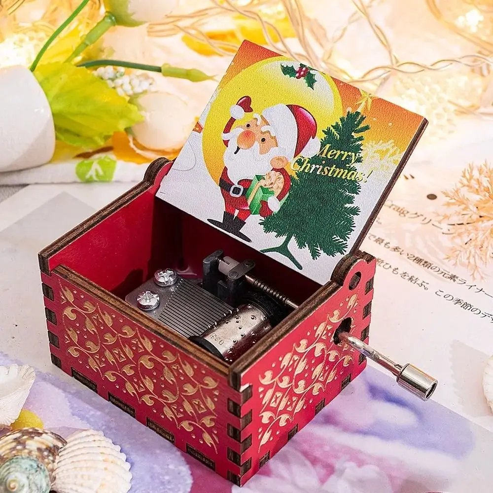 Red Merry Christmas Theme Music Box Carving Wooden Hand Crank Music Box Santa Claus New Year Christmas Gift for Children Friend 3