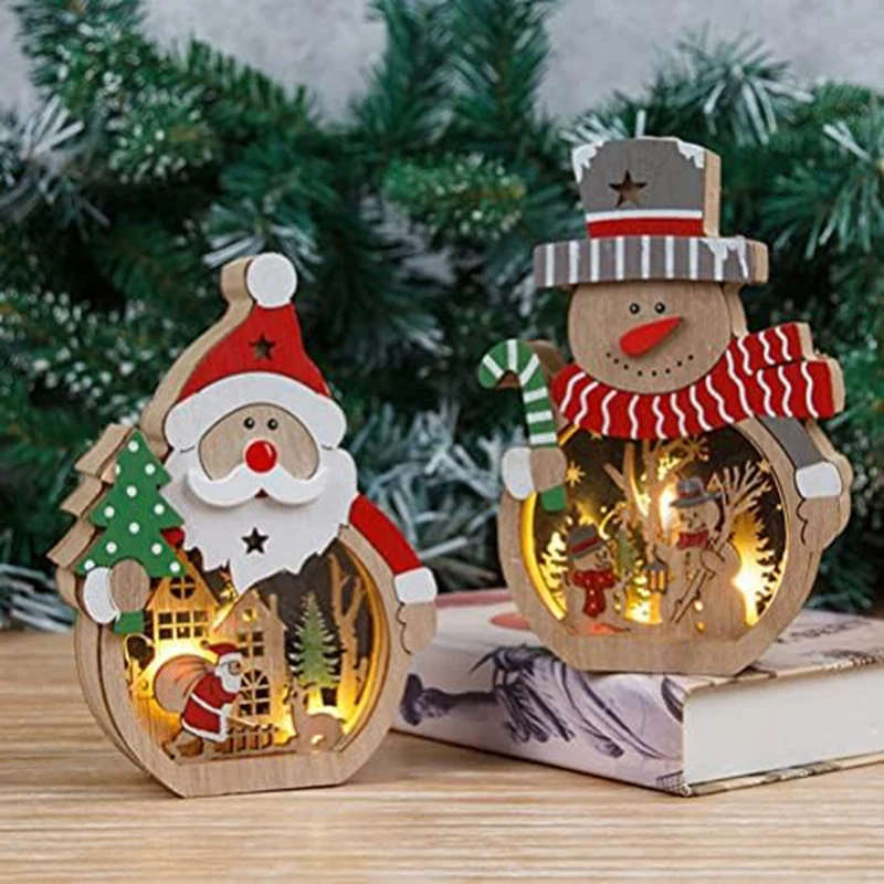 

Lights Desk Topper Winter Decor Christmas Snowman-Santa-Claus Ornaments: 2Pcs Glowing Wooden Figurines
