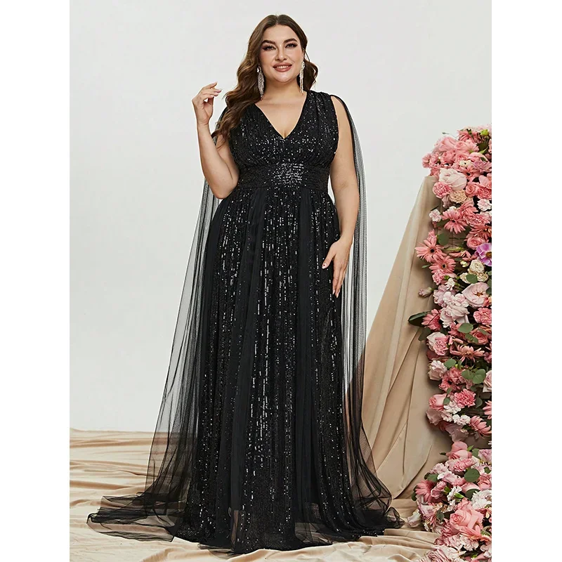 

Plus Size V-Neck Sleeveless Mesh Sequin Floor-Length Wedding Luxury Evening Dress Big Size 4xl 5xl Sparkling Banquet Prom Dress