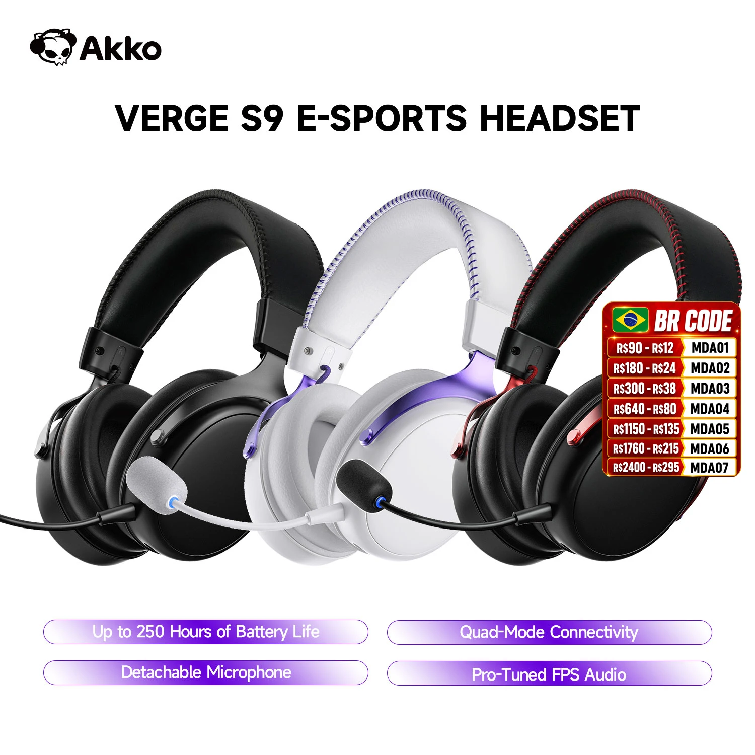 سماعة الألعاب AKKO Verge S9، تتميز بدعم رباعي الأوضاع، نظام صوت محيطي 7.1، مشغلات صوتية بقطر 53 مم، وتصميم احترافي محسن لألعاب الت...