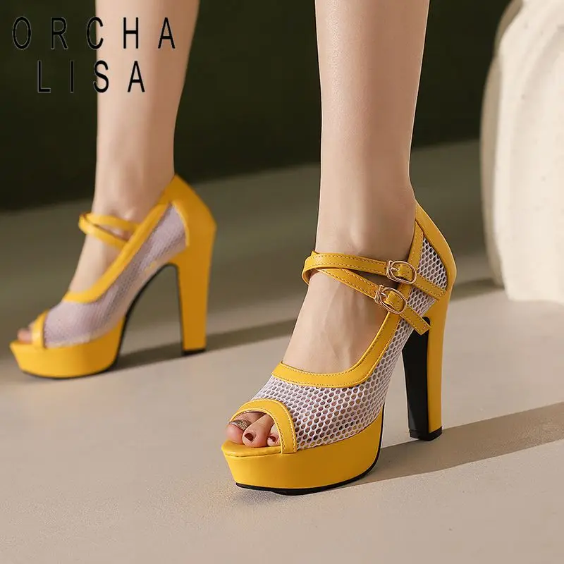 

ORCHA LISA Fashion Women Sandals Peep Toe High Heels 11.5cm Platform 2.5cm Double Buckle Strap Breathable Mesh Sexy Party 49 50