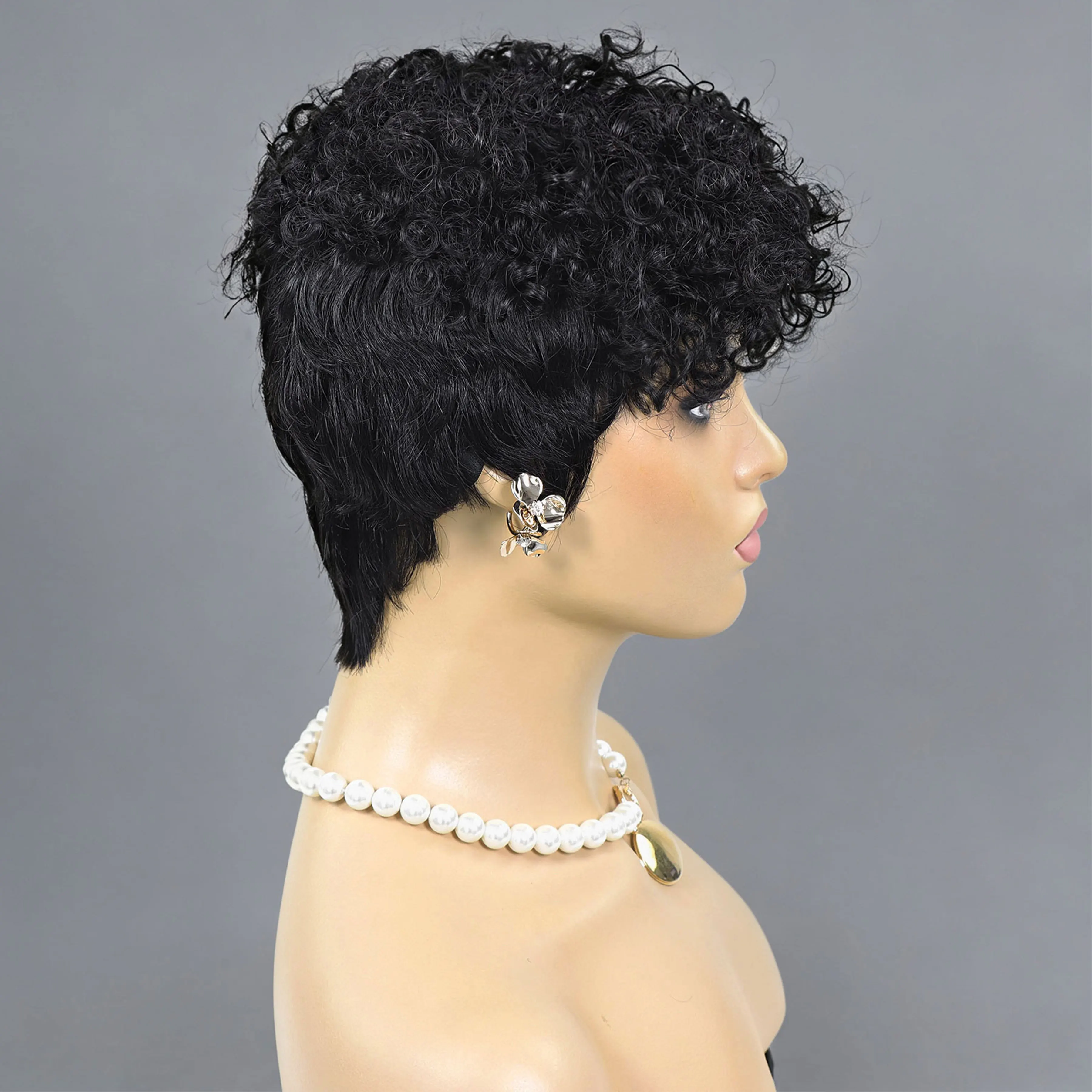 짧은 곱슬머리 픽시컷 인모 가발 (앞머리 포함) 여성용 레이어드 픽시 가발 브라질 레미 헤어 글루리스 풀메이드 밥 가발