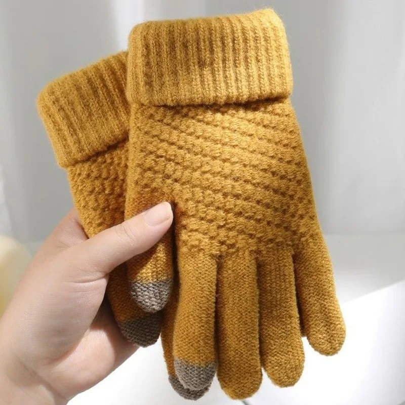 

New Autumn Winter Knitted Woolen Five Finger Gloves Plush For Women Girls Cold-proof Slide The Screen Riding Warmer Wool Mittens