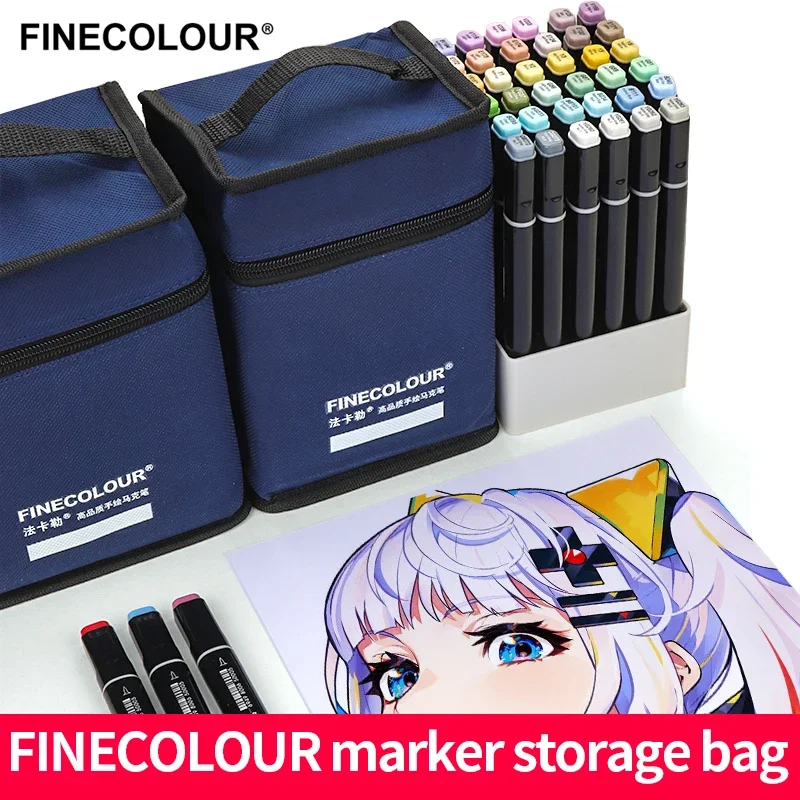 FINECOLOUR 마커 펜 가방 지퍼 대용량 아트 마커 캔버스 보관 가방 마커 펜 보관용 사각형 라운드 베이스 미술 용품