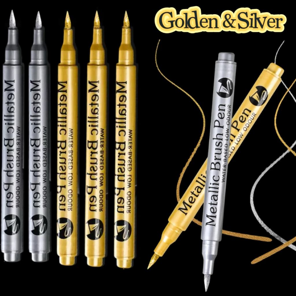 5pcs(3Golden+2Silver)Metallic Brush Marker Pen, for graffiti, signature, painting, back to school.