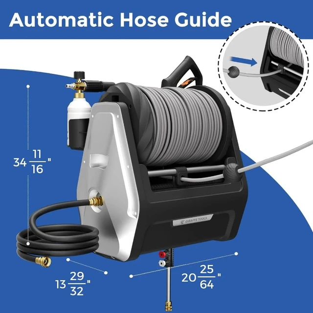 Giraffe Tools Grandfalls Pressure Washer Plus, Electric Wall Mount Power  Washer with 100FT Retractable Hose, 2200PSI, 2.4GPM, 4 Nozzles, Foam  Cannon