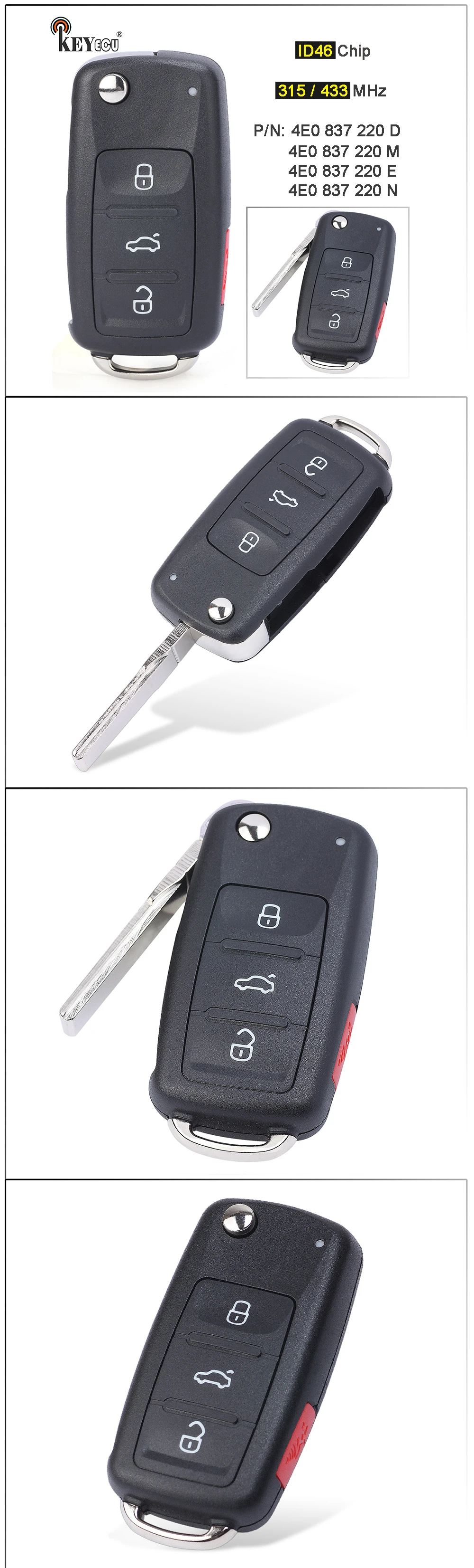 Keyforkess 315MHz / 433MHz ID46 P/N: 4E0 837 220 D/ 220 E/ 4E0 837 220 N / 220 M Keyless-Go Fob Chiave A Distanza di Audi A8 S8 2003-2009 - Sd4f8ba5cfdcb4927a662f187efed11b3X