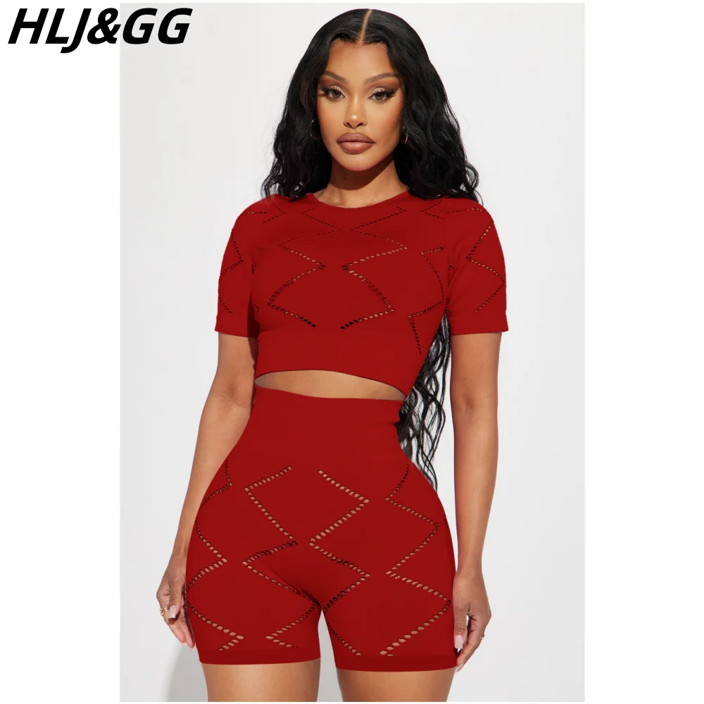 HLJ&GG Fashion Hollow Out Design Two Piece Sets Women Round Neck Crop Top And Biker Shorts Tracksuits Casual Solid 2pcs Outfits