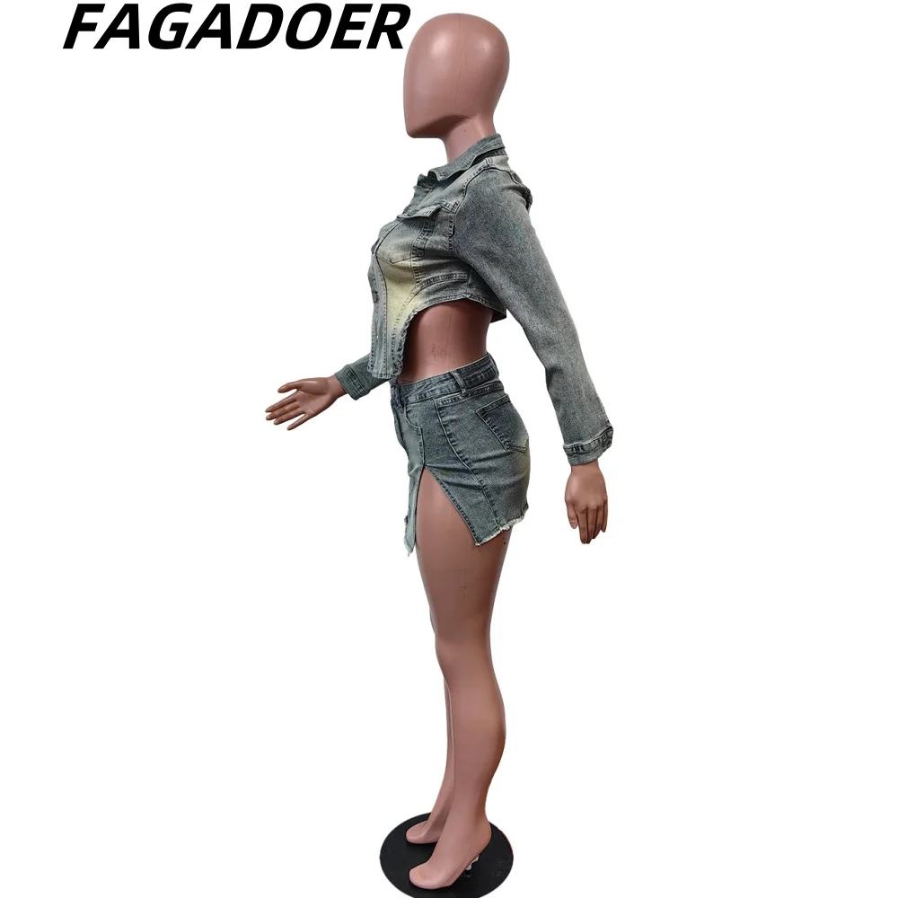 FAGADOER Fashion Vintage Denim Skirts Two Piece Sets Women Turndown Collar Long Sleeve Crop Top And Mini Skirts Cowboy Outfits
