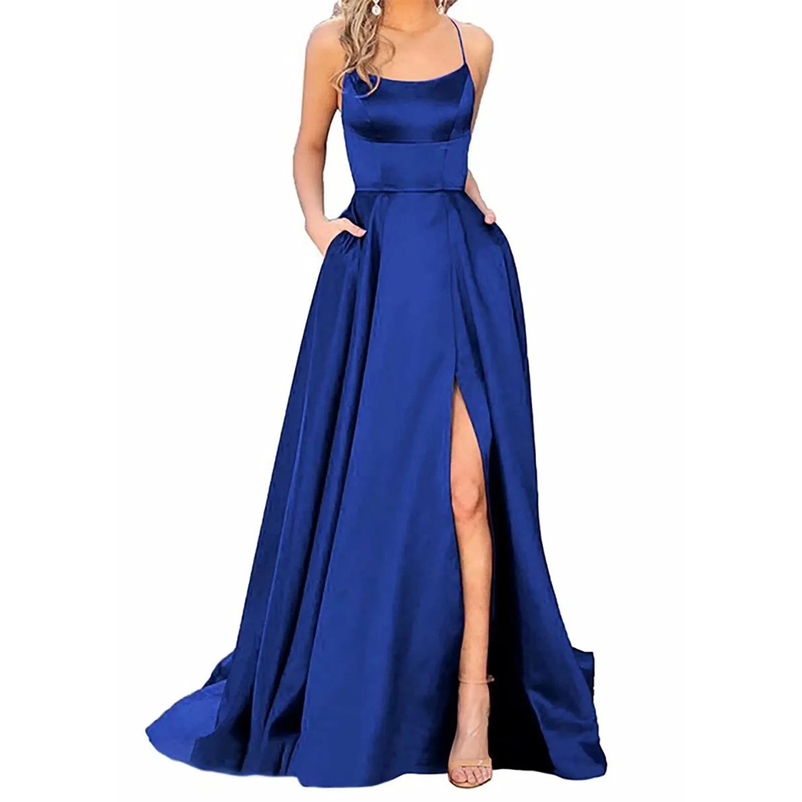 Vestido de noche sexy con tirantes finos y escote en V, vestido de fiesta rojo con abertura frontal y gran vuelo, vestido de novia elegante, vestido de baile