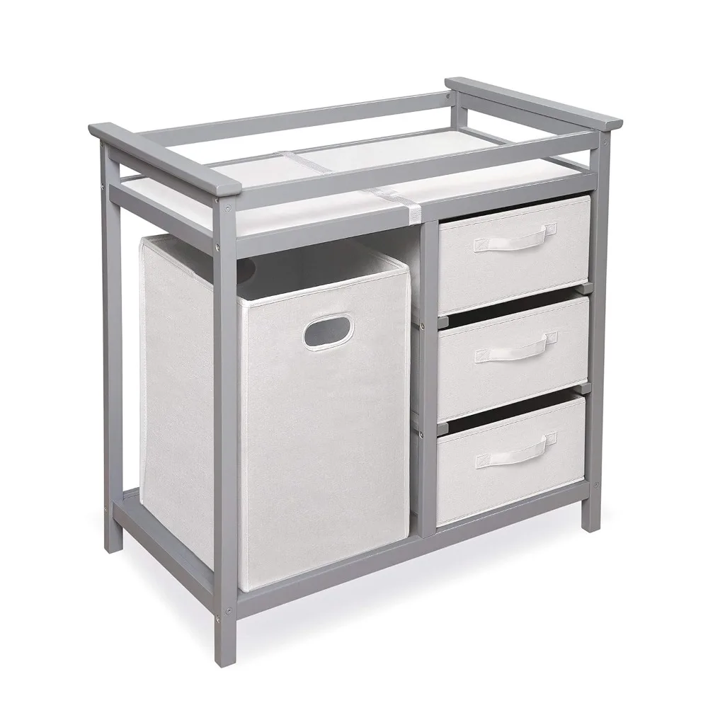 Modern Baby Changing Table with Laundry Hamper, 3 Storage Drawers and Pad, Diaper Change Station-Cool Gray/White