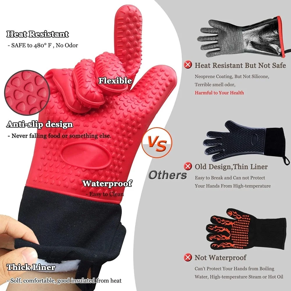 Long Thick Silicone Gloves Heat-resistant Non-slip Microwave Oven Mitts Kitchen BBQ Baking Cooking Canvas Stitching Oven Gloves silicone oven mitts kitchen gloves silicone oven gloves