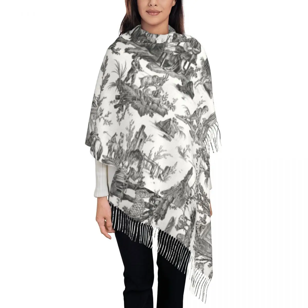 

Ladies Large Black And White Toile De Jouy Scarves Women Winter Fall Thick Warm Tassel Shawl Wraps French Motifs Floral Scarf