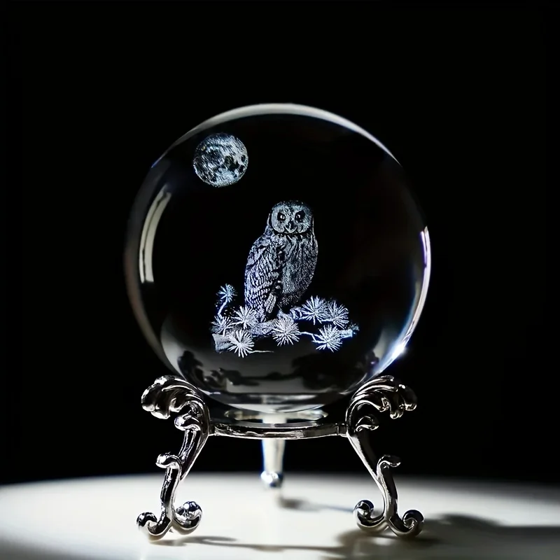 

1pc, 3D Laser Crystal Ball, Paperweight OWL Figurines Glass Sphere Decorative Balls With Stand Gift,room Decor