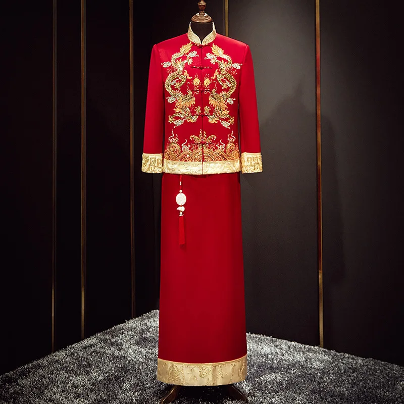

Red Chinese Style Marriage Set Groom Costume Wedding Clothing Dragon Embroidery Cheongsam Toast Clothing китайская одежда