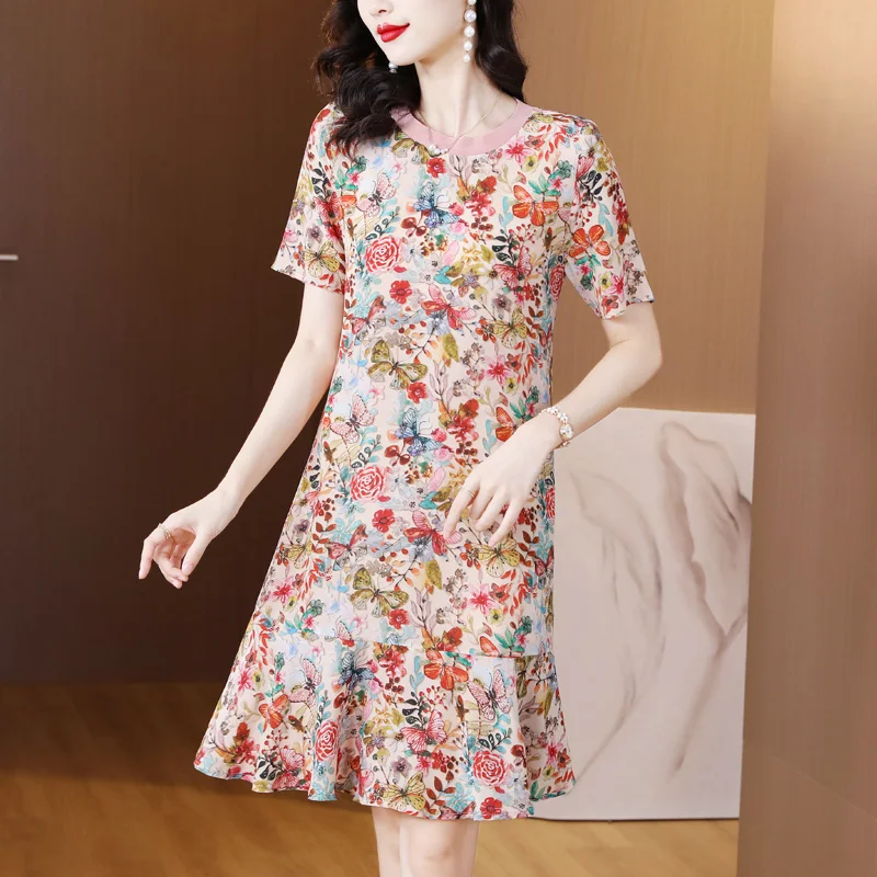 

2023 New Fashion Silk Printed Dress Women's Summer Mini Round Neck Short Sleeve Loose Fit Casual Holiday Dress Vestidos
