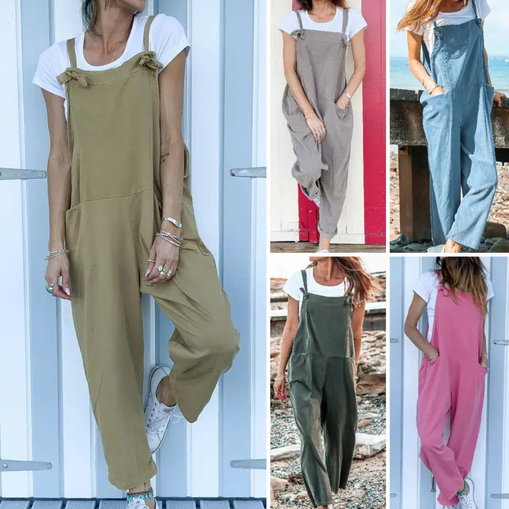 

Women Jumpsuit Loose Sleeveless Solid Color Lace Up Baggy Soft Backless Lady Overall Female Casual Pocket Overalls Playsuits