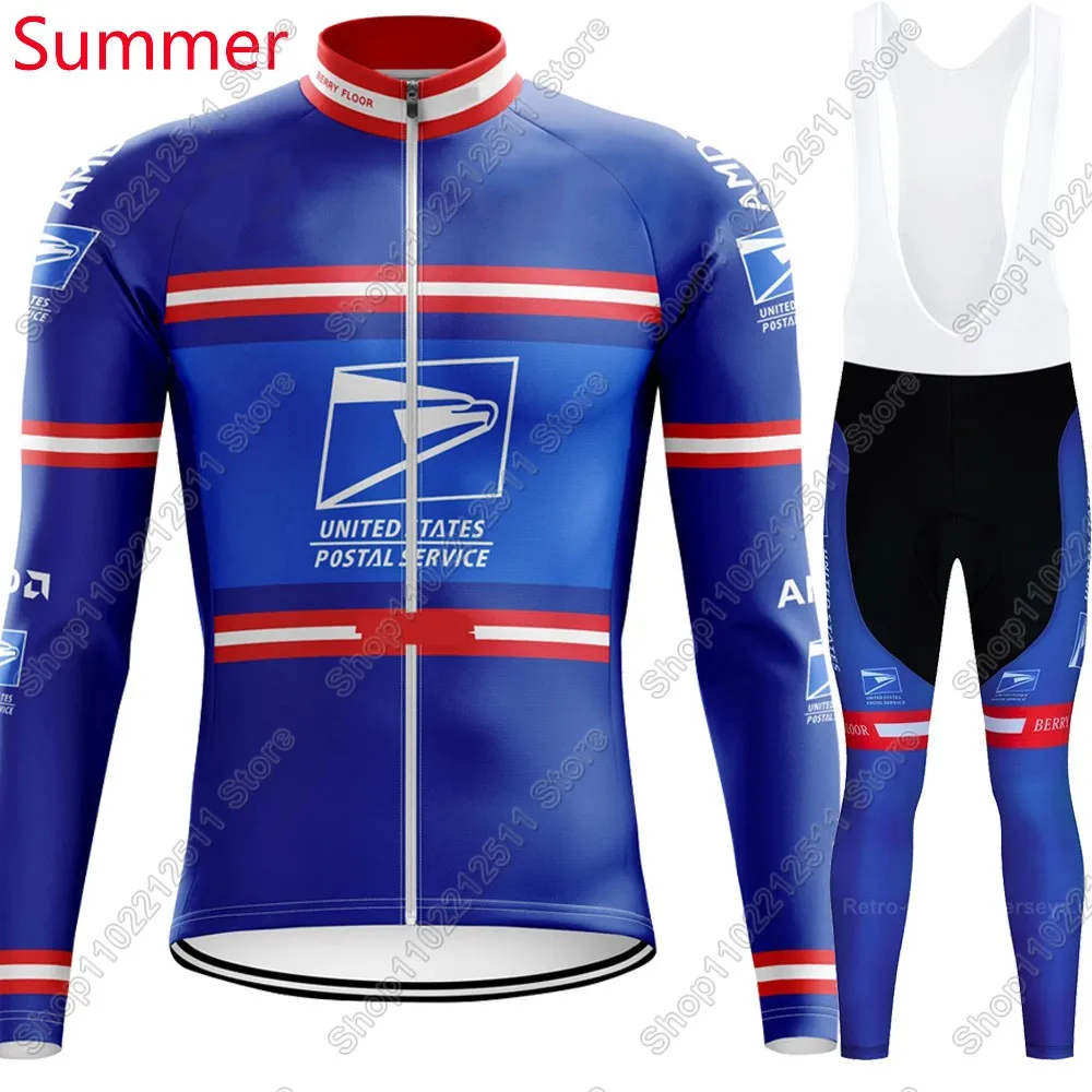 USA-Postal Team Cycling Jersey Set Clothing Suit Mens Summer Winter Long Sleeve MTB Bike Road Pants Bib