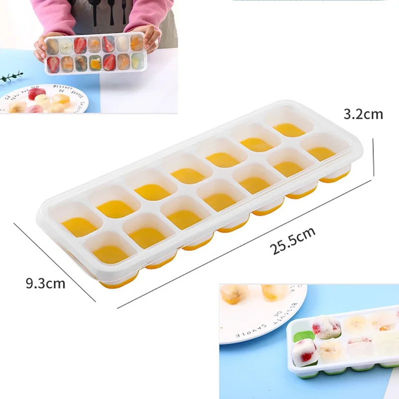 Square 14-cell Ice Cube Mold With Lid Silicone Soft Bottom DIY Ice Cream Maker Making Cube Trays Reusable Kitchen Tools