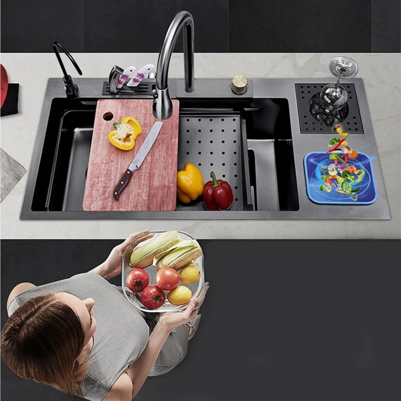 Kitchen Large Single Sink Waterfall Multifunctional Large Spout Pressurised Dishwashing and Vegetable Kitchen Sinks