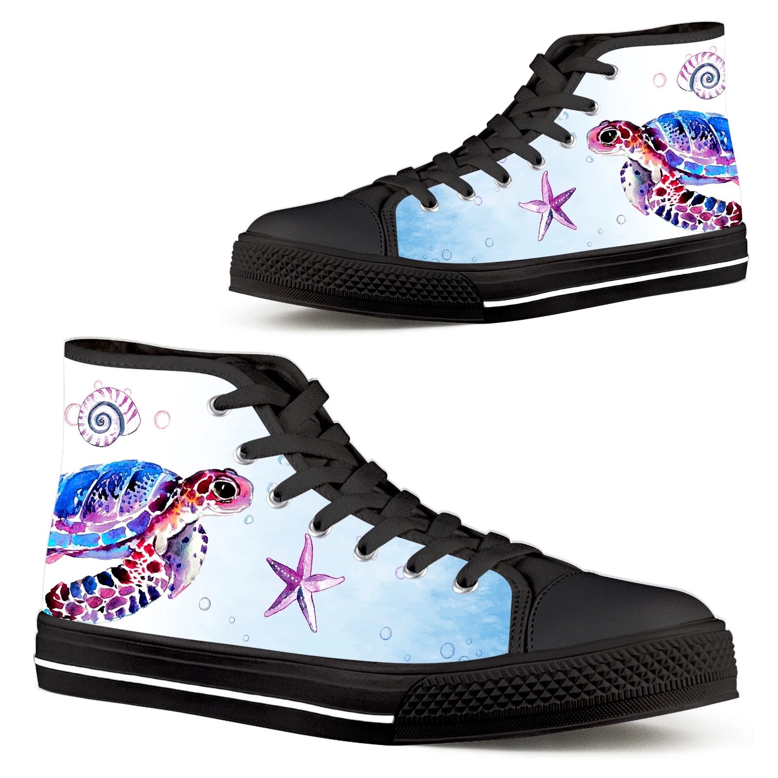 

ELVISWORDS Hawaiian Turtle Sneakers For Girls Starfish Conch Print Comfort Canvas Shoes High Tops Kobieta Wulkanizacji Buty